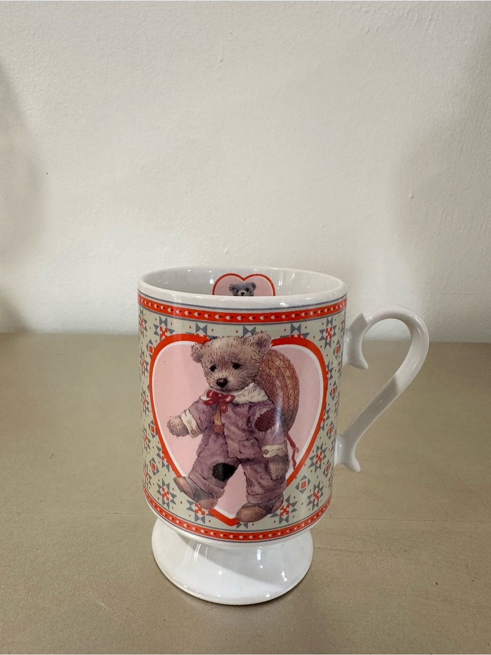 Vintage,Teddy Bear Ceramic Mug - White with Pink and Red Accents